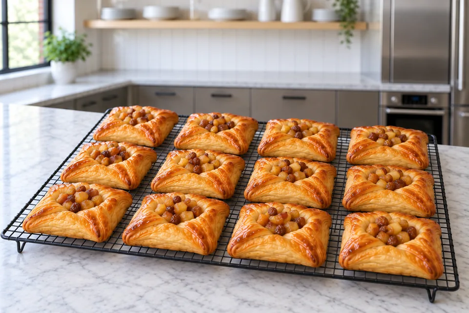 Twelve golden folded-corner Danish pastries with apple-and-sultana centres.
