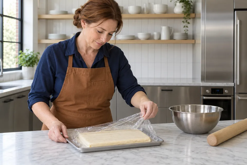 Cook unwrapping a chilled rectangle of enriched Danish dough.