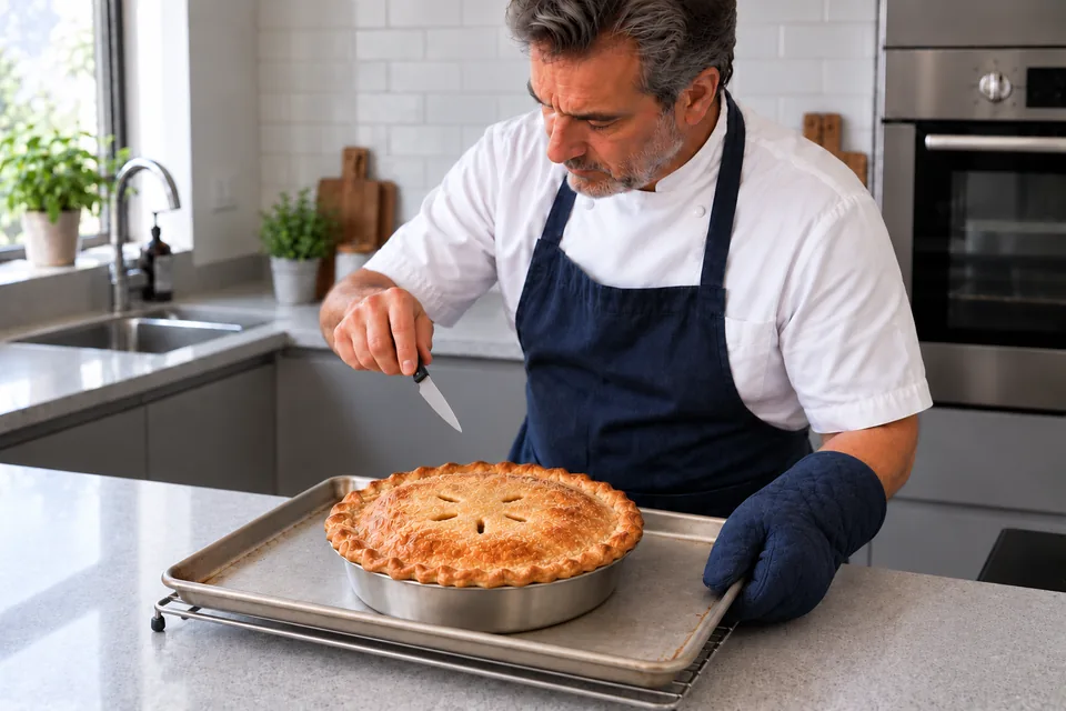 The deeply golden pie is checked through an existing steam vent.