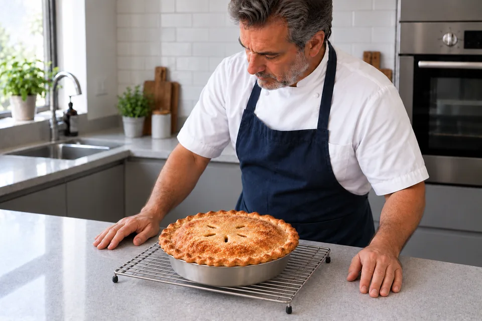 The whole baked pie cools in its tin on a rack before slicing.