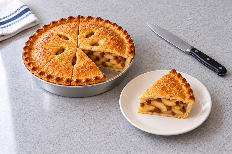 One slice of apple-and-sultana pie shows the set filling beside the remaining seven-eighths of the pie.