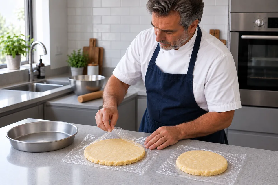 The cook unwraps two cold butter-flake pastry discs beside an empty metal pie tin.
