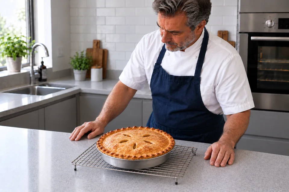The whole golden apple-and-sultana pie cools in its metal tin on a rack.
