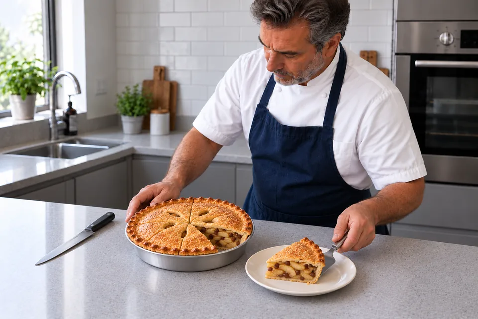 One of eight cooled apple-and-sultana pie slices is served beside the remaining pie.