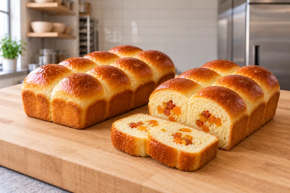 Two golden brioche loaves, one shortened by a thick two-lobed slice, show cream-yellow crumb and two pockets of diced apricot filling.