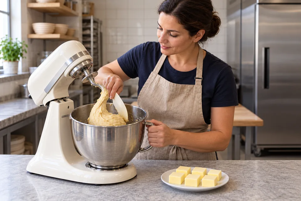 The cook checks elastic pale dough in a stopped mixer beside six separate butter pieces.