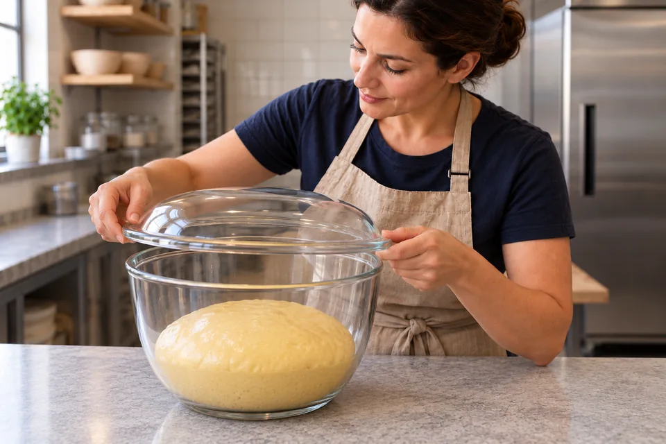 The cook lowers a clear cover above a softly domed yellow dough with ample bowl space above it.
