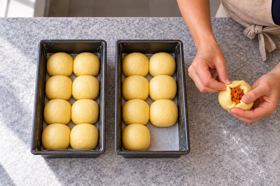 Two small tins hold fifteen filled dough balls while the cook seals the last apricot-filled piece.