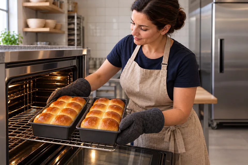 Two tins on the oven rack each hold a golden brioche loaf with eight glossy joined domes.