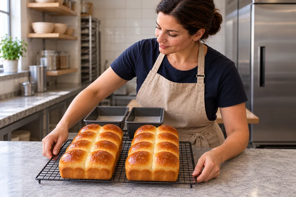 Two whole golden brioche loaves, each with eight joined domes, cool on a rack beside two empty tins.