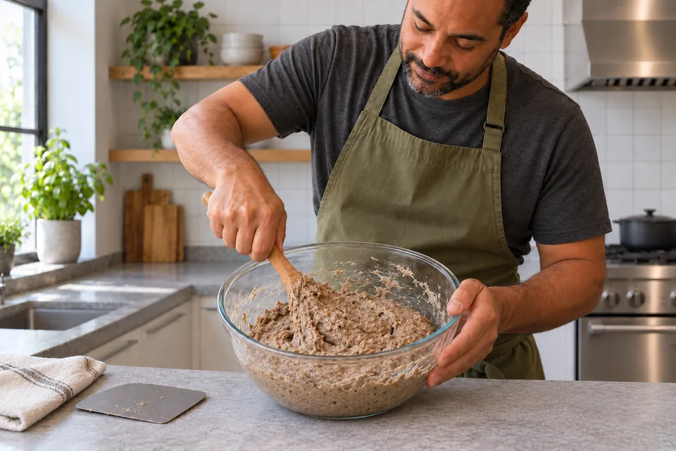 A sturdy wooden spoon presses sticky rye dough in a clear bowl.