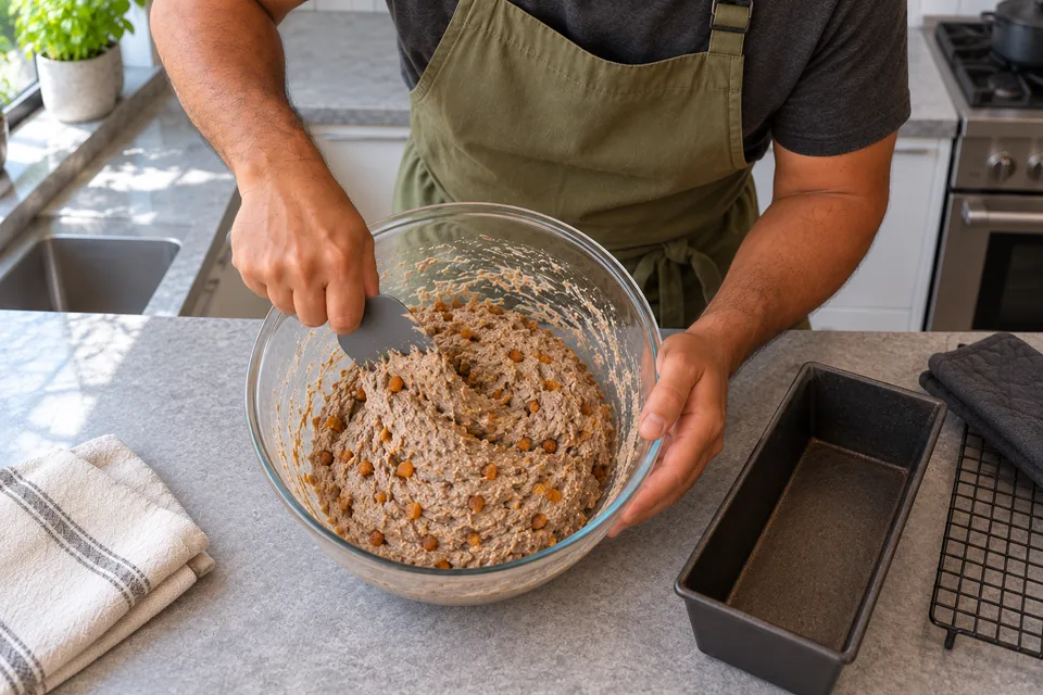 Hands use a grey scraper to fold small dried apricot pieces into sticky rye dough.