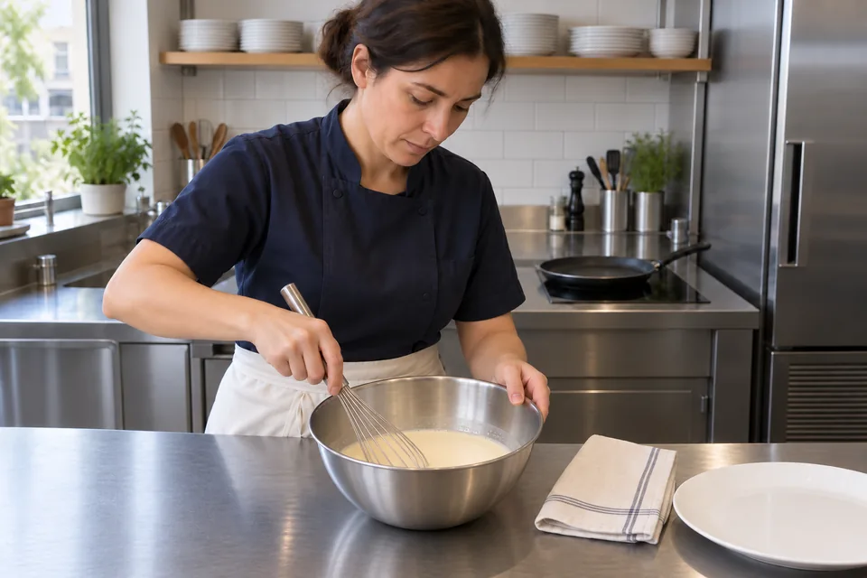 The cook whisks a modest bowl of smooth, fluid crêpe batter.