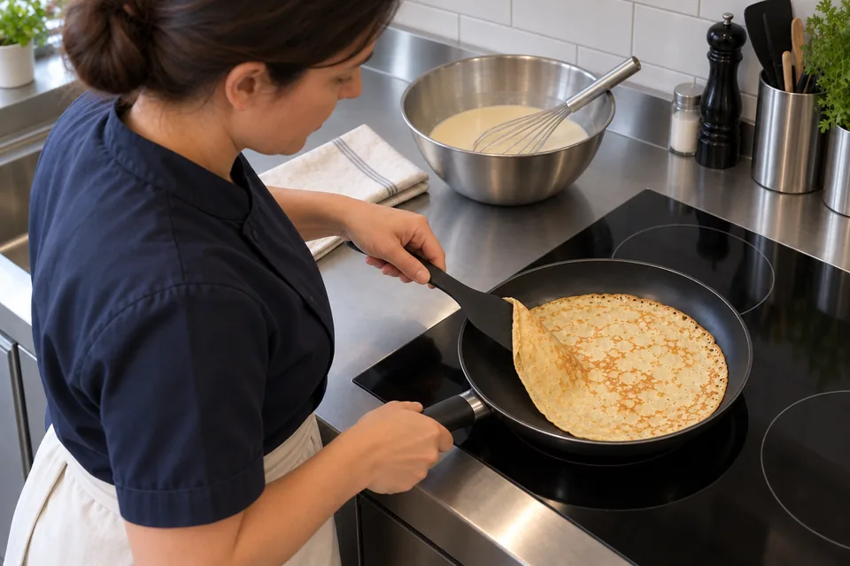 The cook lifts the edge of the first thin crêpe with a flexible spatula.