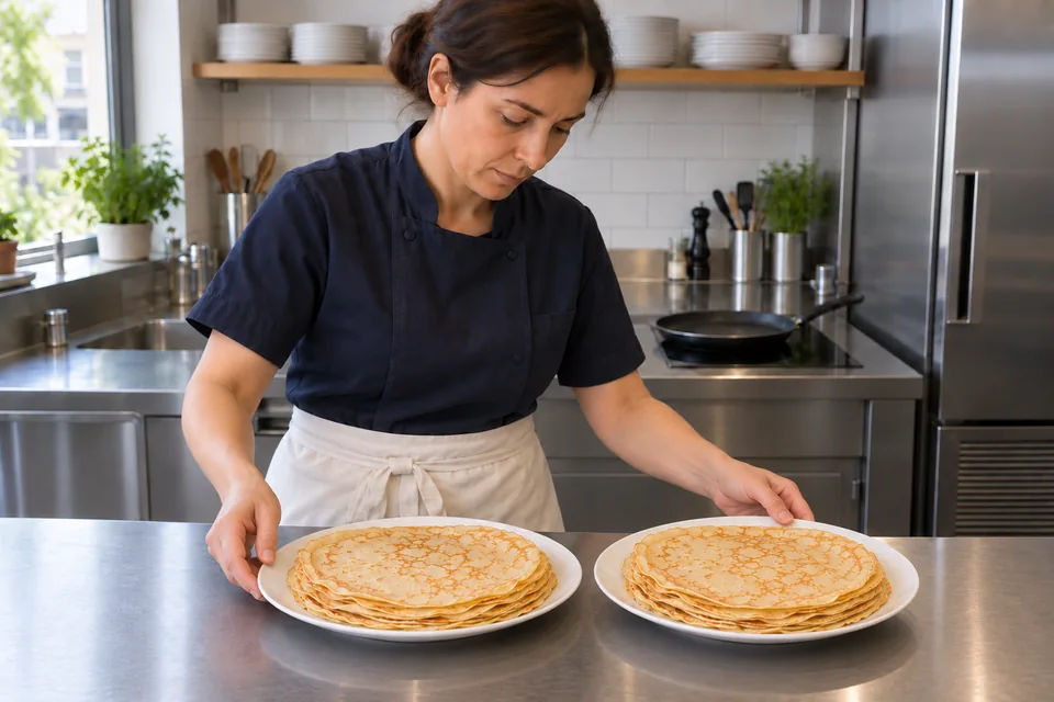 Ten thin cooked crêpes cool in two loose stacks of five.