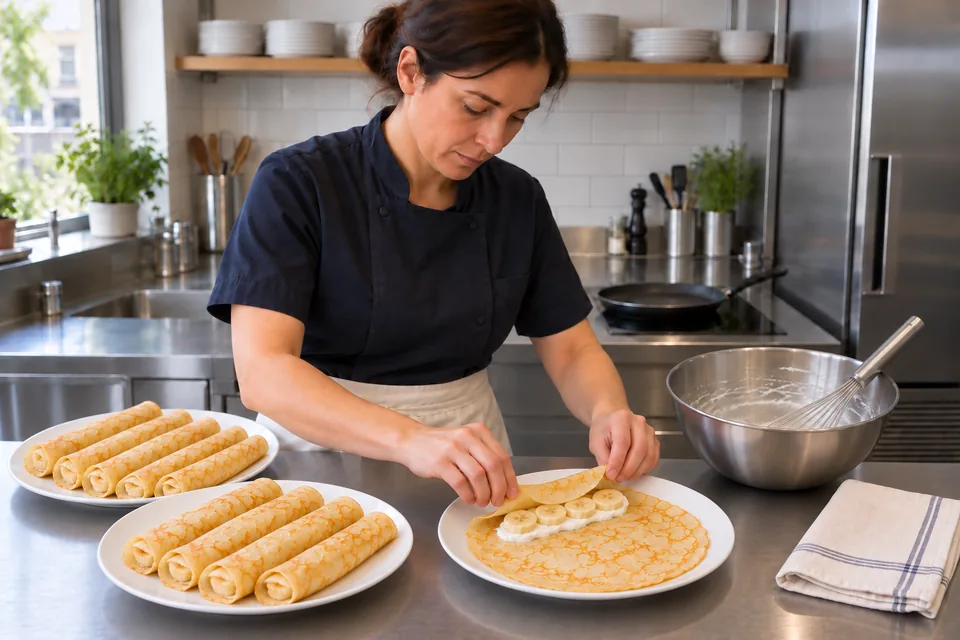 Nine crêpes are rolled, and the last is folded around its banana and cream filling.