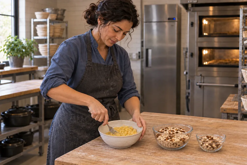 The baker mashes a small bowl of banana beside a larger dough-muesli mix and a smaller coating mix.