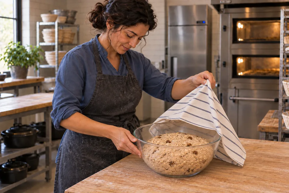 An aerated mound of tan wholemeal, oat and sultana dough rises below the rim of a glass bowl.