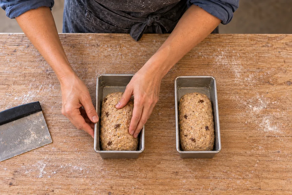 Two small metal loaf tins each hold one plain-topped log of banana and wholemeal dough.