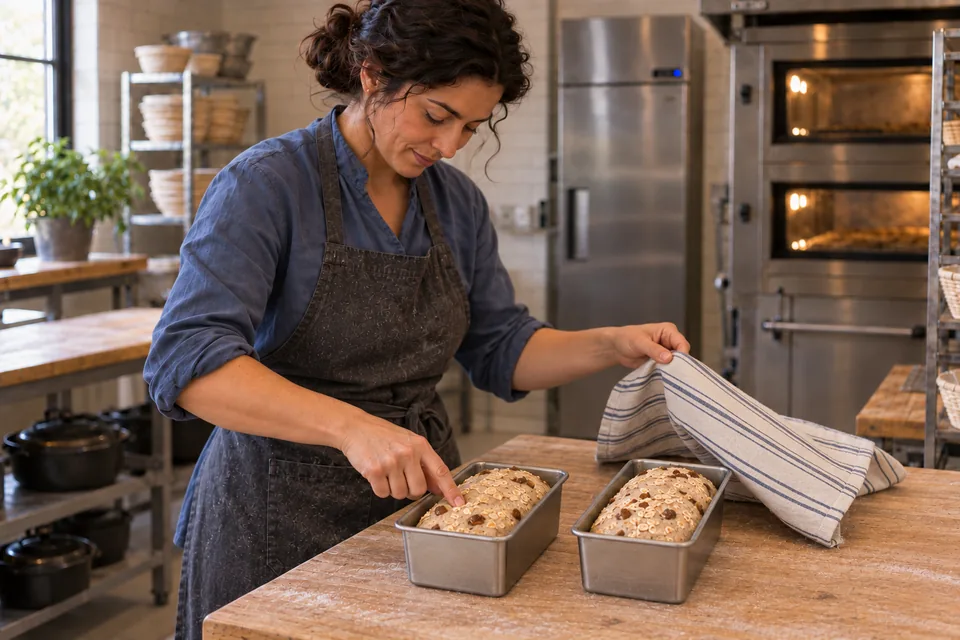 Two puffy small loaves have a light rolled-oat and chopped-sultana coating on top.