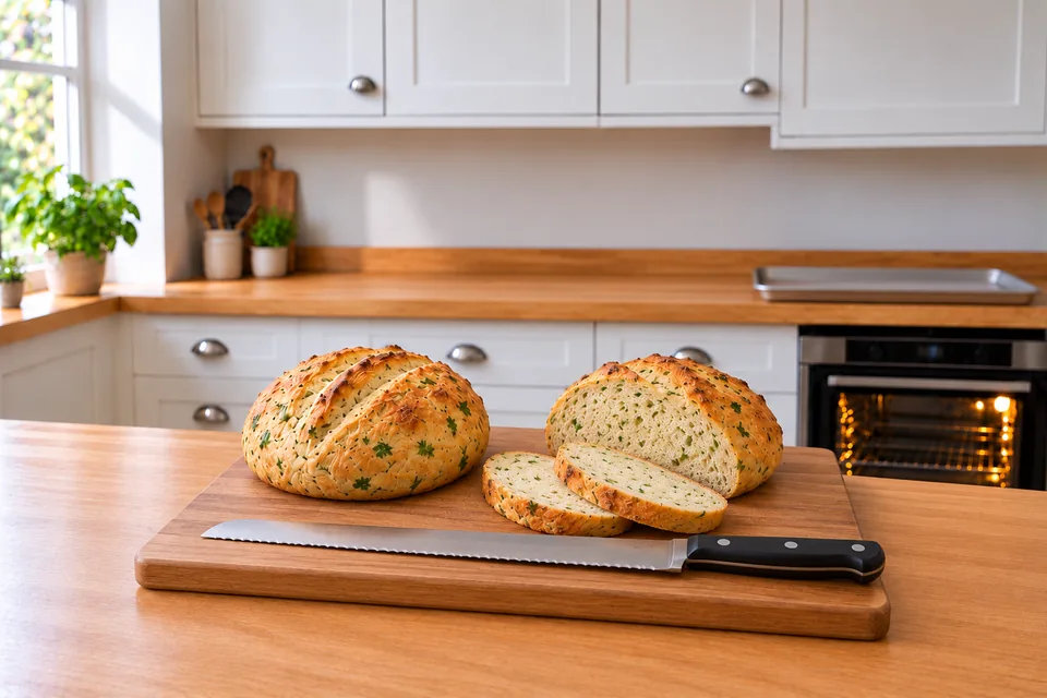 Two herb loaves, one cut with two slices showing green herbs throughout the crumb.