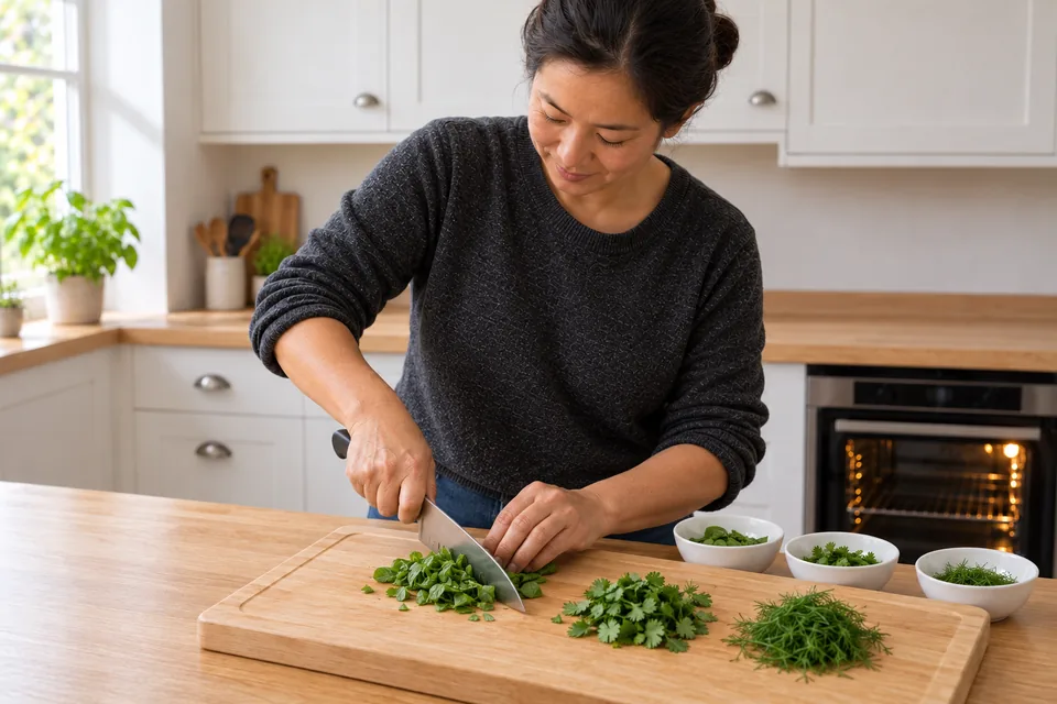 The cook chops dried basil, coriander and dill into three small piles.
