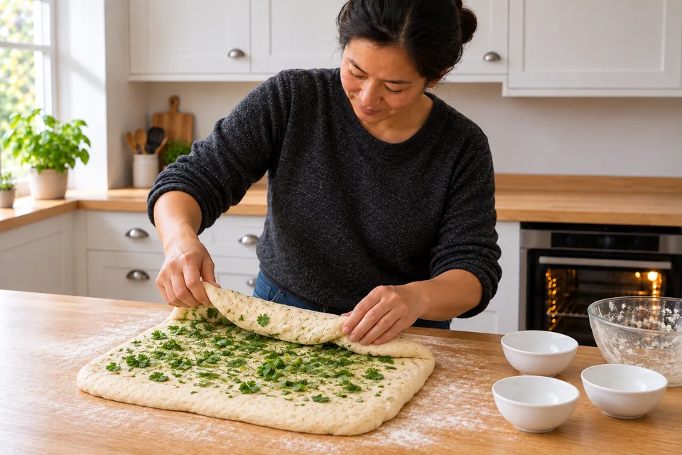 The cook folds chopped basil, coriander and dill into the risen dough.