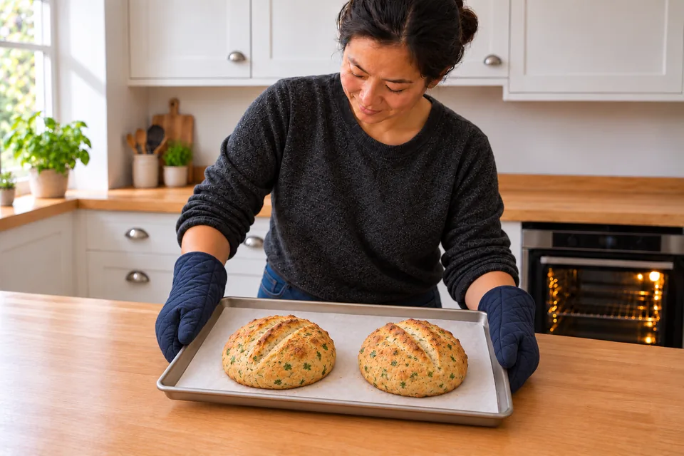 The cook lifts one tray holding two golden herb loaves with two slashes on each.