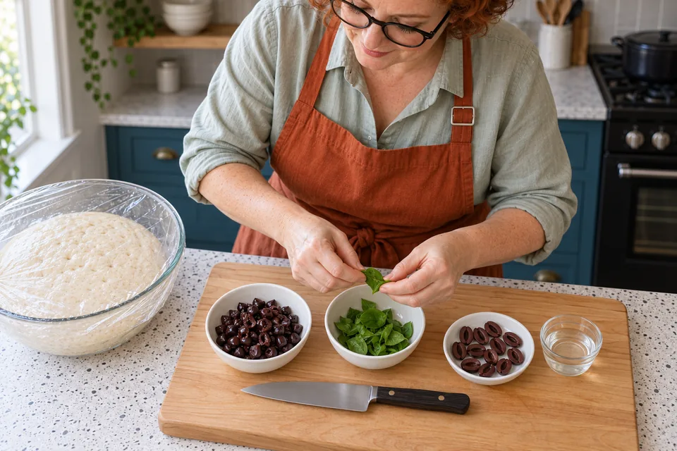 Chopped olives, torn basil, halved topping olives and a small brine cup are prepared separately.