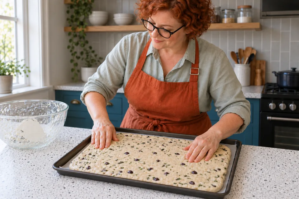 The cook eases dough containing chopped olives and basil across a lined rectangular tray.