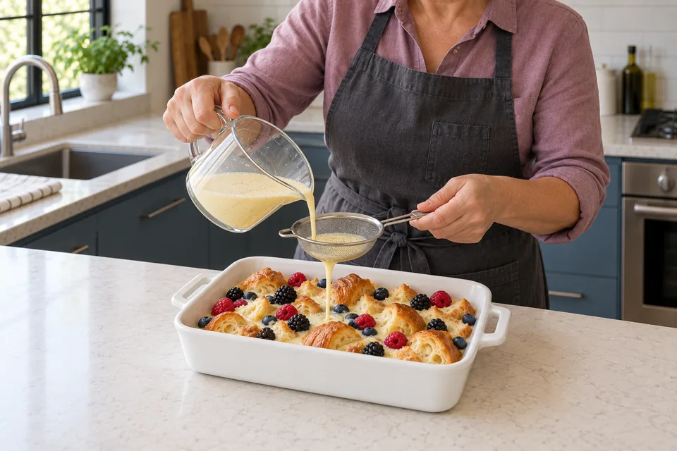 Pale fluid custard pours through a sieve over the croissant pieces and berries.