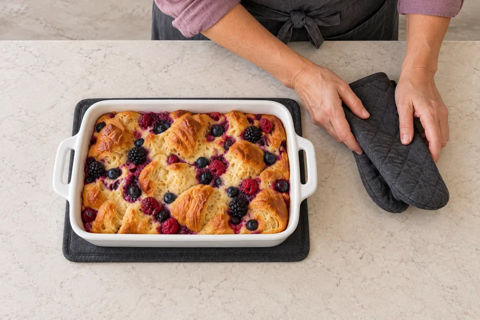 One dish of golden croissant and berry pudding rests on a heatproof mat.