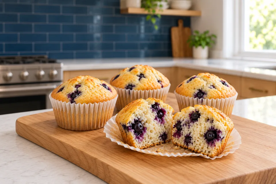 Three whole blueberry muffins and a fourth split into two halves show a soft pale crumb and localized blueberry pockets.