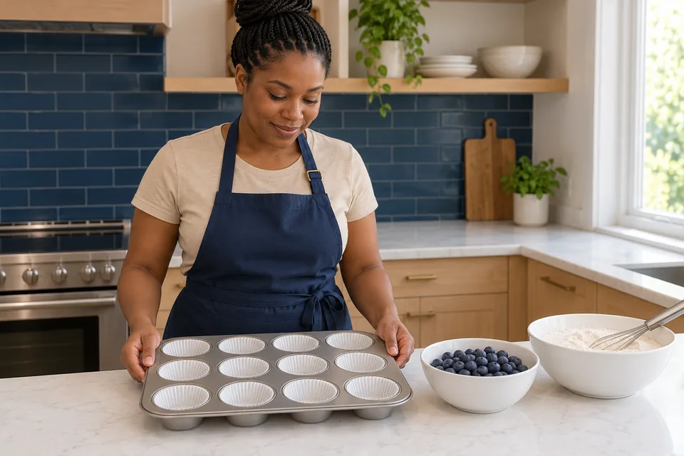 The cook holds a pan with twelve empty white liners beside whole blueberries and a bowl of dry mixture.