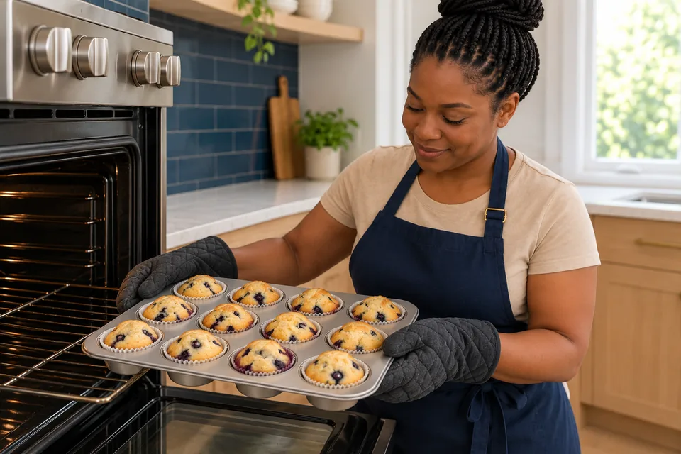 Using two mitts, the cook holds a pan of twelve lightly golden blueberry muffins in white liners.