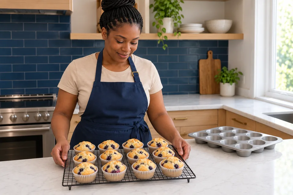 Twelve blueberry muffins in white liners sit in three rows of four on a cooling rack beside their empty pan.