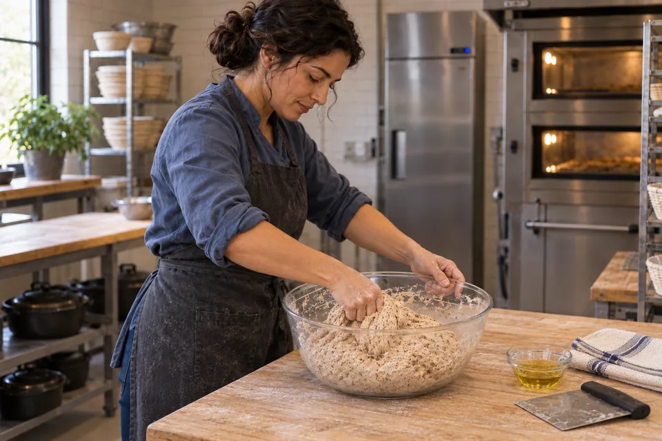 The cook mixes rough, moistened wholemeal dough in a clear bowl.