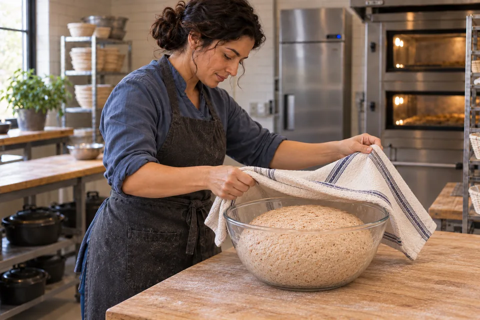 The cook uncovers an expanded mound of wholemeal dough.