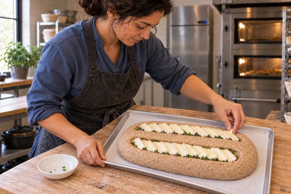 Two parallel slots in the proofed loaf hold chopped basil beneath thin overlapping Brie slices.