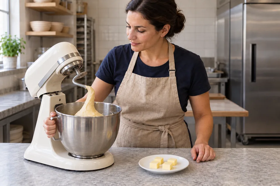 The cook checks a small batch of elastic dough beside four small butter pieces.