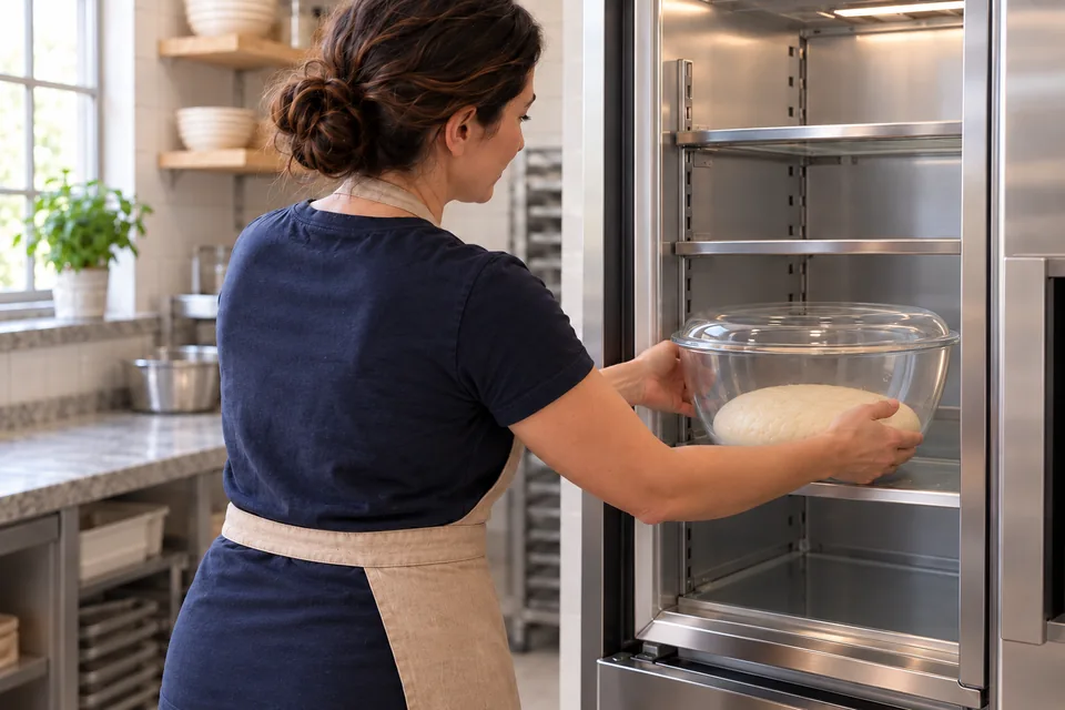 The cook places a covered dough bowl in the refrigerator.