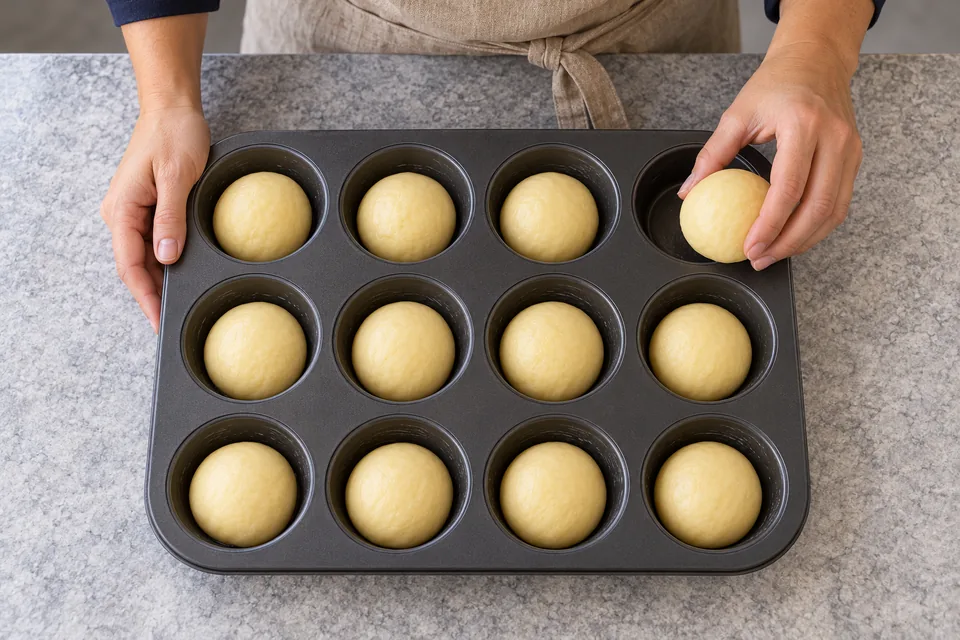 Eleven round dough balls fill a three-by-four muffin tin as the baker places the twelfth in the empty corner well.