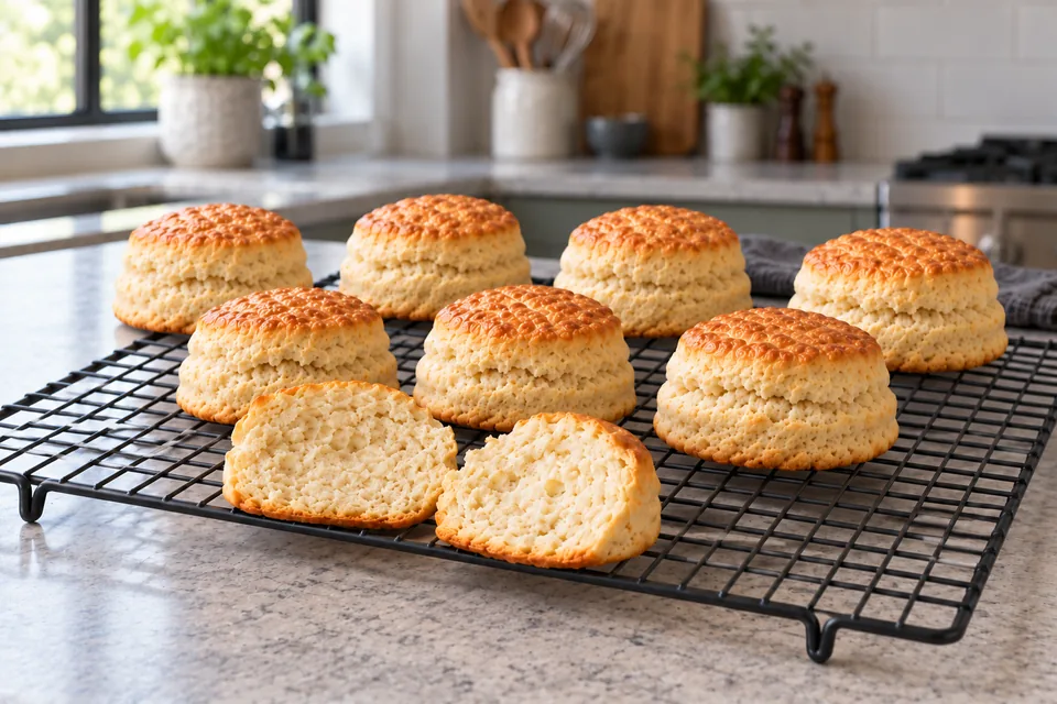 Eight plain golden scones on a rack, one split to show its crumb.