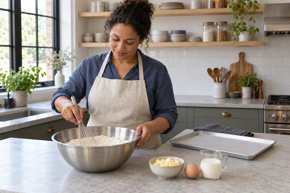 Cook whisking the dry scone ingredients in a stainless steel bowl.