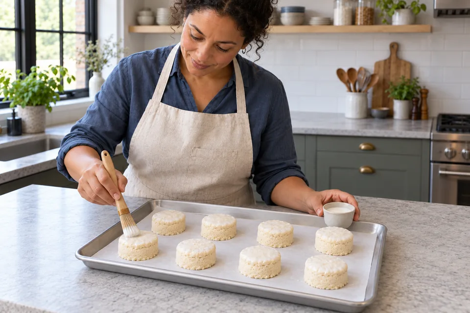 A pastry brush applying white buttermilk to the top of one of eight raw scones.