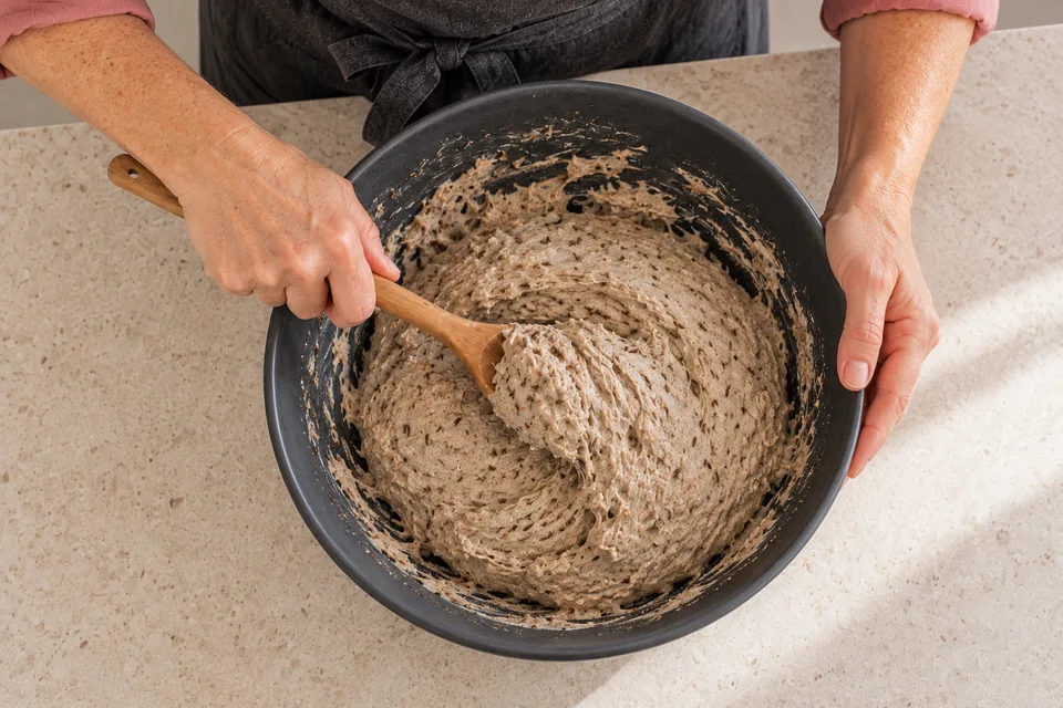 Slender brown caraway seeds are spread through the sticky grey-brown rye dough as the cook turns it with a spoon.