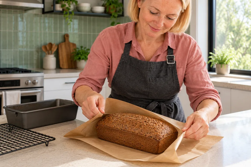 The cook folds clean paper around one whole rye loaf.