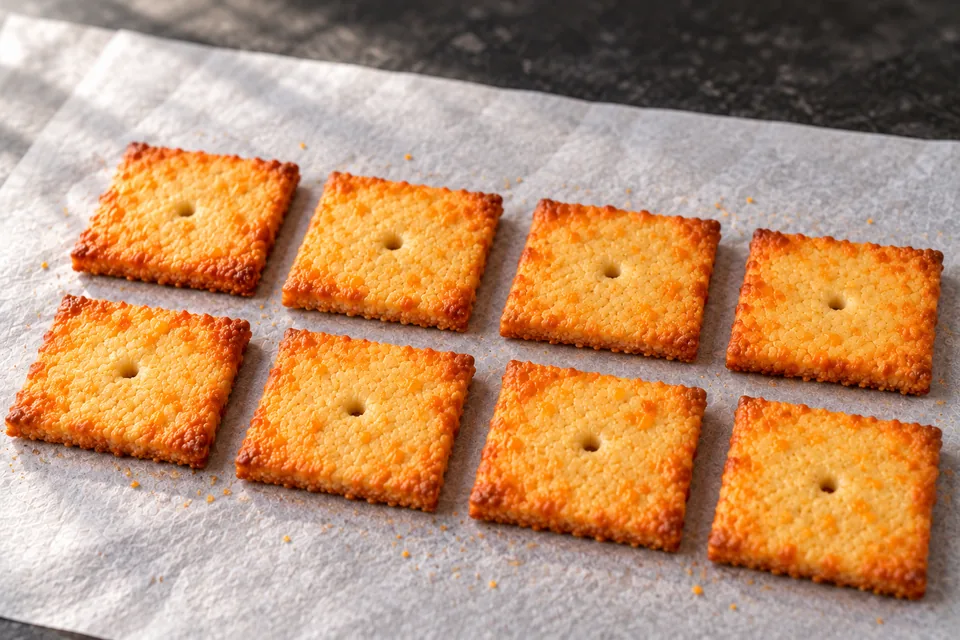 Eight small golden square cheese crackers with single centre holes on parchment.
