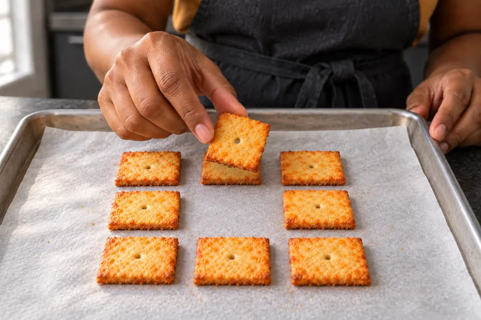 Baker lifts one small golden cheese cracker above its empty centre space among eight crackers on a lined tray.