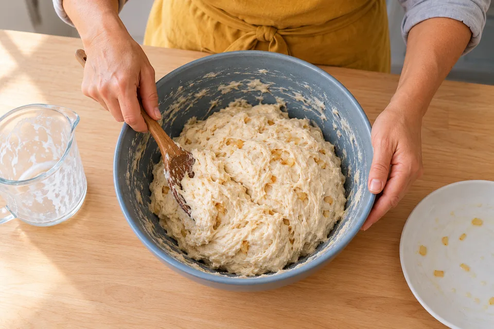 The cook folds a soft rough cheese-and-onion dough in a blue bowl.